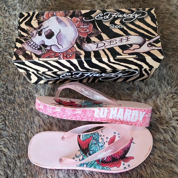 Ed Hardy koi fish graphic wedge Flip Flop sandal in original box 7 - Picture 8 of 11